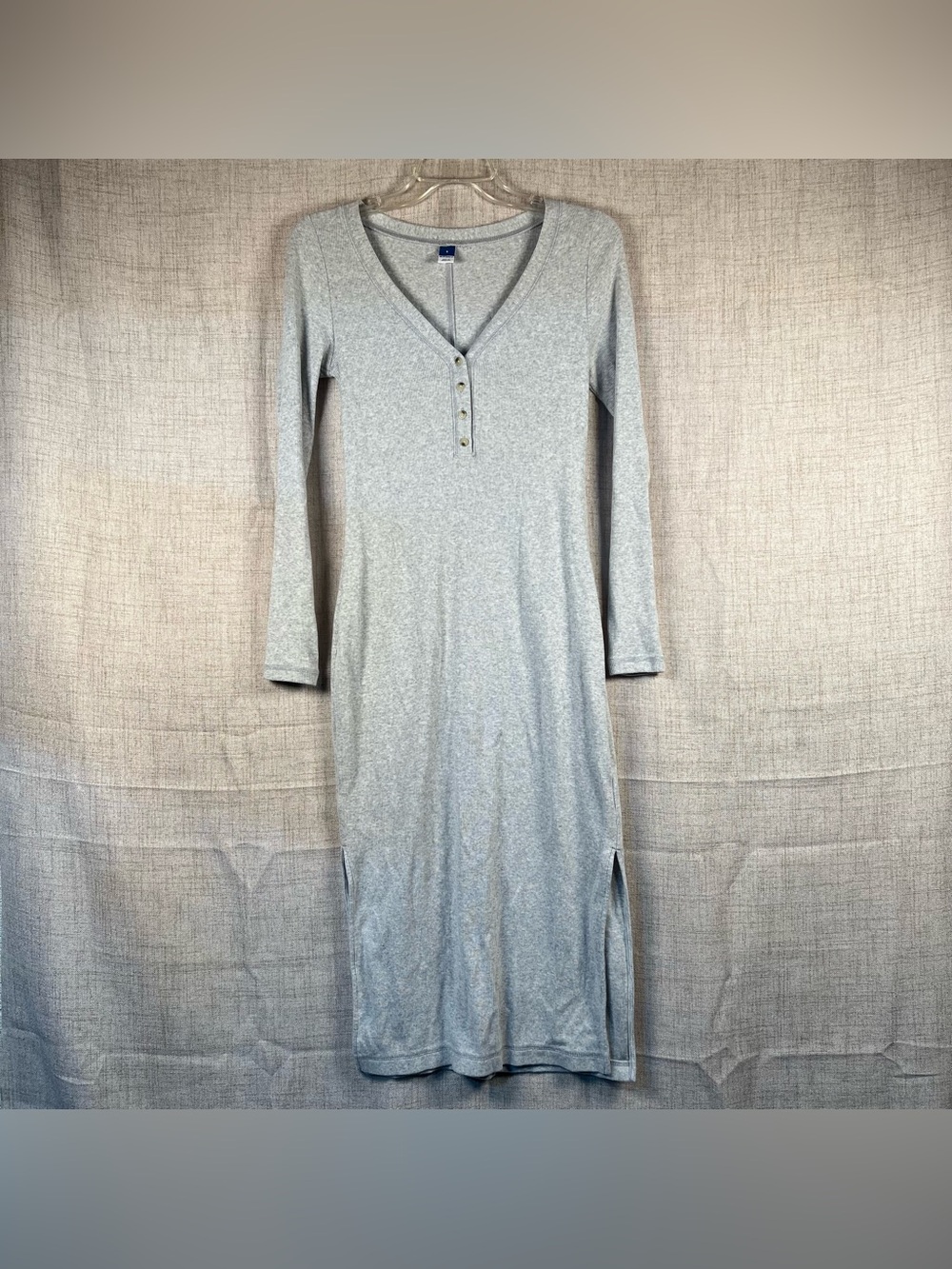 Old‎ Navy Dress Gray Long Sleeve Ribbed Henley Button V Neck Shirt Maxi Small